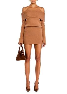 SEROYA Greta Off Shoulder Mini Sweater Dress In Camel Medium Chic Luxury NWT